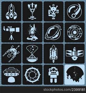 Space icons monochrome set with rocket alien comet telescope isolated vector illustration. Space Icons Monochrome