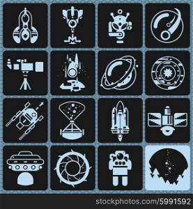 Space Icons Monochrome. Space icons monochrome set with rocket alien comet telescope isolated vector illustration