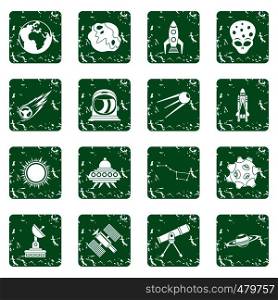 Space icons set in grunge style green isolated vector illustration. Space icons set grunge