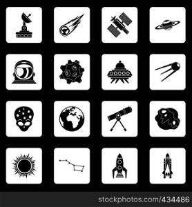 Space icons set in white squares on black background simple style vector illustration. Space icons set squares vector