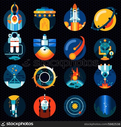 Space icons set. Space exploration icons set with solar system spaceship rocket and astronaut isolated vector illustration