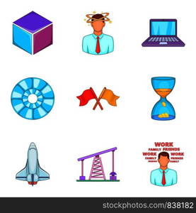 Space industry icons set. Cartoon set of 9 space industry vector icons for web isolated on white background. Space industry icons set, cartoon style