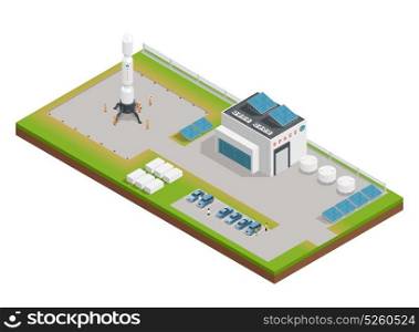Space Isometric Composition. 3d space isometric composition the layout of the building, dealing with service and construction of rocket vector illustration
