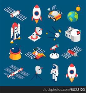 Space Isometric Icons. Isolated isometric icons with dark background about space equipment vector illustration