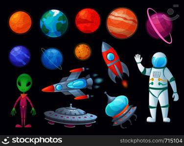 Space items. Alien ufo, universe planet and missile rockets. Planets game design. Fantastic world or fantasy sky astronomy kit. Cartoon graphics vector item isolated icons set. Space items. Alien ufo, universe planet and missile rockets. Planets game design cartoon graphics vector item set