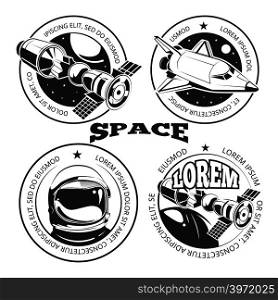 Space labels set - labels or logo with shuttle, international space station and astronaut. Vector illustration. Space labels set - labels or logo with shuttle