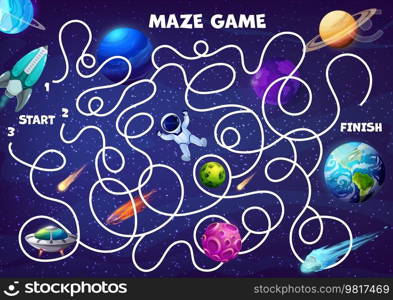 Space labyrinth maze find astronaut, rocket and Earth planet. Kids vector board game worksheet with starship searching correct way on tangled path in alien galaxy. Cartoon educational adventure quiz. Space labyrinth maze find astronaut, rocket, Earth