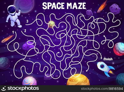 Space labyrinth maze help to astronaut find a rocket spaceship between galaxy planets. Kids vector board game with tangled path, start and finish on cosmic landscape. Cartoon educational riddle, test. Space labyrinth maze help to astronaut find rocket