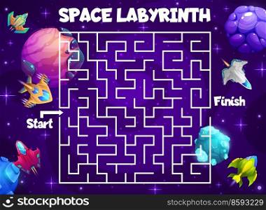 Space labyrinth maze help to starships find his friend in galaxy. Cartoon vector kids board game with path, start and finish in cosmos. Educational children riddle, family preschool boardgame activity. Space labyrinth maze help to starships find friend