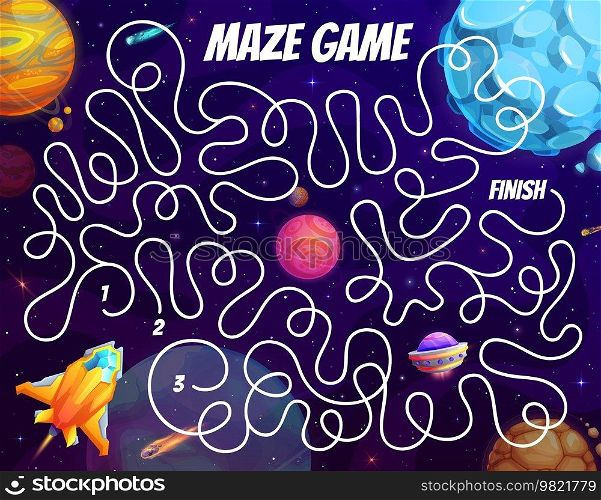 Space labyrinth maze. Spaceship, planets and stars. Child maze puzzle, labyrinth vector quiz or find way children playing activity, riddle worksheet with fantastic starship, galaxy planets and starts. Space labyrinth maze with spaceship and planets