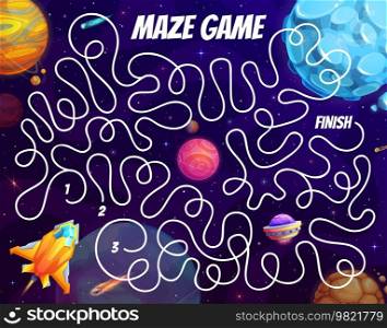 Space labyrinth maze. Spaceship, planets and stars. Child maze puzzle, labyrinth vector quiz or find way children playing activity, riddle worksheet with fantastic starship, galaxy planets and starts. Space labyrinth maze with spaceship and planets