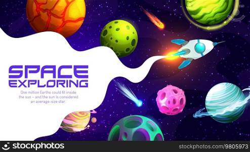 Space landing page. Cartoon galaxy and flying rocket spaceship. Company internet site layout, startup launch vector banner or business project landing page template with starship in alien galaxy. Space landing page with cartoon galaxy and rocket