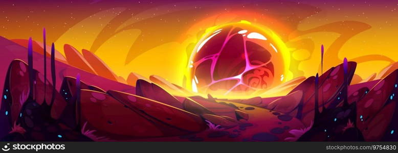 Space landscape with burning asteroid on horizon. Vector cartoon illustration of desert alien planet surface, stone road with rocks, orange hot lava ball in night sky, apocalypse explosion effect. Space landscape with burning asteroid on horizon