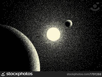 Space landscape with scenic view on planet and stars made with retro styled dotwork