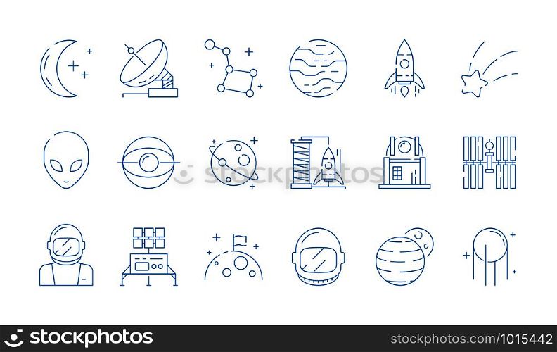 Space line icon. Moon astronomy station rocket astronaut alien stars vector thin symbols. Illustration of rocket space, planet and moon, telescope and spaceship. Space line icon. Moon astronomy station rocket astronaut alien stars vector thin symbols