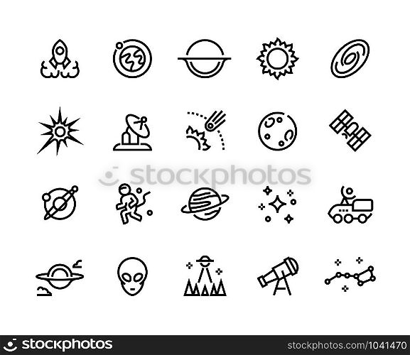 Space line icons. Futuristic cosmos and astronomy infographic elements such as rocket spaceship galaxy UFO and planets. Vector set editable universe explorer isolated symbols. Space line icons. Futuristic cosmos and astronomy infographic elements such as rocket spaceship galaxy UFO and planets. Vector set