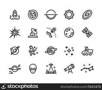 Space line icons. Futuristic cosmos and astronomy infographic elements such as rocket spaceship galaxy UFO and planets. Vector set editable universe explorer isolated symbols. Space line icons. Futuristic cosmos and astronomy infographic elements such as rocket spaceship galaxy UFO and planets. Vector set
