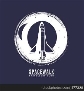 Space logo in retro style. Vintage astronautics label with space rocket, vector illustration. Space logo in retro style