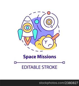 Space missions concept icon. Scientific research. Spacetech trend abstract idea thin line illustration. Isolated outline drawing. Editable stroke. Arial, Myriad Pro-Bold fonts used. Space missions concept icon