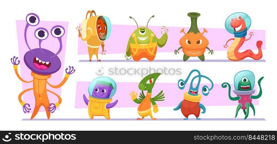 Space monsters. Funny crazy creatures humanoid monsters mysterious aliens exact vector illustrations of characters in action poses. Funny space character, creature monster and alien. Space monsters. Funny crazy creatures humanoid monsters mysterious aliens exact vector illustrations of characters in action poses