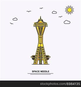 SPACE NEEDLE Monument Poster Template. World Travel Yellow illustration Background in Line Style with beauture nature Scene
