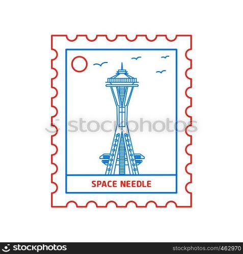 SPACE NEEDLE postage stamp Blue and red Line Style, vector illustration