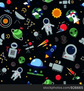 Space pattern. Shuttle rocket astronaut stars interstellar mars planets travel vector seamless cartoon pictures. Rocket and shuttle for travel, cartoon pattern universe illustration. Space pattern. Shuttle rocket astronaut stars interstellar mars planets travel vector seamless cartoon pictures