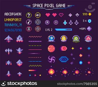 Space pixel game isolated vector icons font and cosmic characters. Arrows and hearts spaceship and aliens stars and planets, score points and meteorite. Arcade games elements. Video platform interface. Space Pixel Game Icons Font and Cosmic Characters
