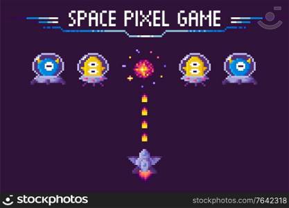 Space pixel game, rocket shooting to ufo, war between spaceship and cosmic hero, pixelated character, battle of monster and invader ship, video-game vector. Screen of War, Spaceship and Ufo, Shoot Vector