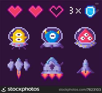 Space pixel game, spaceship and ufo, heart symbols on purple, pixelated cosmic object, space 8 bit video-game, choose hero for battle, screen in dark color with game objects, app vector. Choose Hero for Pixel Game, Space Sign Vector