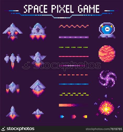 Space pixel game vector, graphics of 8 bit graphics, set of spaceships and planets icons, decorative lines and alien, black hole globe and meteor, pixelated cosmic objects for mobile app games. Space Pixel Game Spaceships and Planets Set