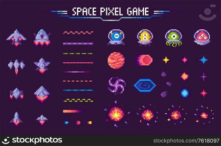 Space pixel game vector, isolated icons of 8 bit graphics, lines and planets, meteors with aliens and monsters, decorative elements of gaming process, pixelated cosmic object for mobile app games. Space Pixel Game Spaceship and Plants Mosaic Set