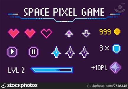 Space pixel game vector, isolated set of hearts symbolizing life and health, icons of navigation, pause and play, level and experience, gaming points, pixelated cosmic object for mobile app games. Space Pixel Game Hearts 8 Bit Graphics Icons Set