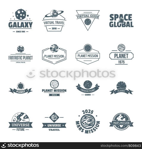 Space planet logo icons set. Simple illustration of 16 space planet logo vector icons for web. Space planet logo icons set, simple style