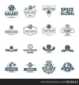 Space planet logo icons set. Simple illustration of 16 space planet logo vector icons for web. Space planet logo icons set, simple style