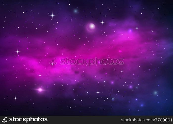 Space planets and stars, galaxy nebula and stardust vector cosmic background. Blue purple realistic shining nebulosity cloud in starry universe. Bright cosmos infinite, night sky backdrop wallpaper. Space planets and stars galaxy nebula and stardust