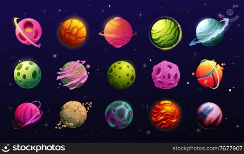 Space planets, cartoon fantasy alien galaxy. Game, ui or gui interface elements. Fantastic world universe planets, asteroids and halo on orbits, craters, rings and magma on sky with stars, meteors. Space planets, cartoon fantasy alien galaxy