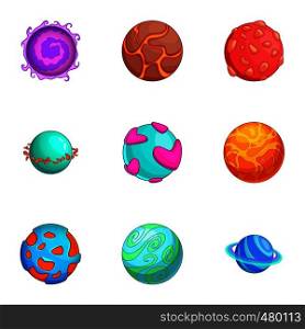 Space planets icons set. Cartoon set of 9 space planets vector icons for web isolated on white background. Space planets icons set, cartoon style