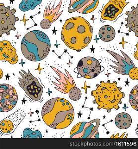 Space planets pattern. Cute hand drawn planets and stars seamless pattern. Cosmic elements vector background illustration. Astronomical bodies or celestial objects, constellation backdrop. Space planets pattern. Cute hand drawn planets and stars seamless pattern. Cosmic elements vector background illustration