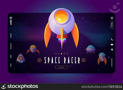 Space racer game cartoon landing page with alien spaceships, rockets, ufo, fantasy shuttles. Computer shooter, galaxy battle videogame with cosmic funny spaceships Vector web banner graphic design. Space racer game cartoon landing, alien spaceships