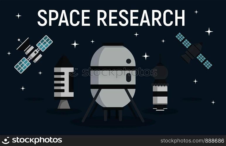 Space research equipment concept banner. Flat illustration of space research equipment vector concept banner for web design. Space research equipment concept banner, flat style