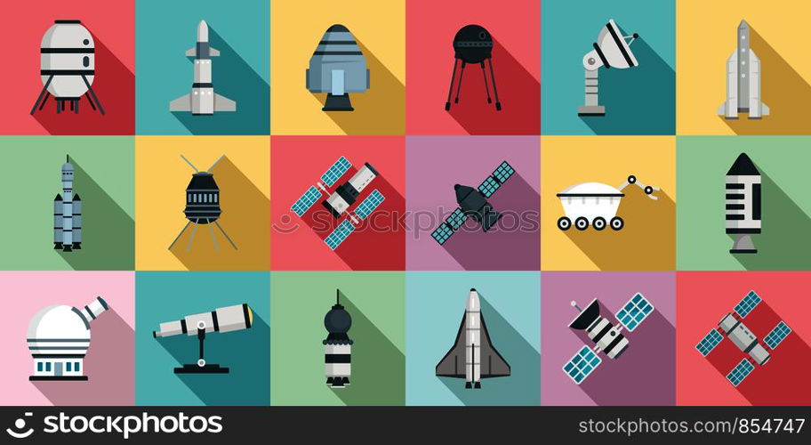 Space research technology icons set. Flat set of space research technology vector icons for web design. Space research technology icons set, flat style