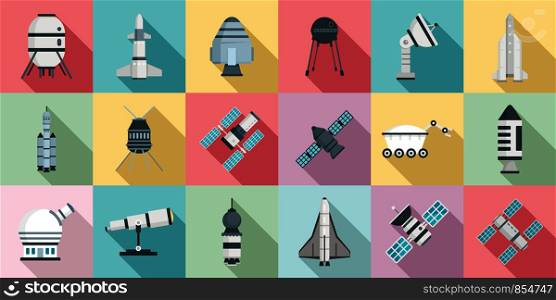 Space research technology icons set. Flat set of space research technology vector icons for web design. Space research technology icons set, flat style
