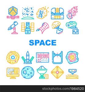 Space Researchment Equipment Icons Set Vector. Hubble Telescope Tool And Virtual Planetarium, Launch Rocket And Space Capsule, Spectral Analysis Of Stars And Planets Line. Color Illustrations. Space Researchment Equipment Icons Set Vector