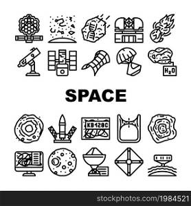 Space Researchment Equipment Icons Set Vector. Hubble Telescope Tool And Virtual Planetarium, Launch Rocket And Space Capsule, Spectral Analysis Of Stars And Planets Black Contour Illustrations. Space Researchment Equipment Icons Set Vector