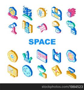 Space Researchment Equipment Icons Set Vector. Hubble Telescope Tool And Virtual Planetarium, Launch Rocket And Space Capsule, Spectral Analysis Of Stars And Planets Isometric Sign Color Illustrations. Space Researchment Equipment Icons Set Vector