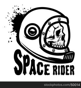 Space rider. Human skull in spaceman helmet. Design element for poster, t-shirt. Vector illustration