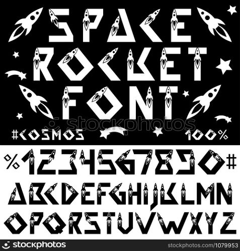 Space rocket alphabet font. Technology, space flights, science. Geometric English letters and numbers. Elements for design