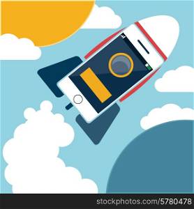 Space rocket flying in sky, flat design colored. Startup concept