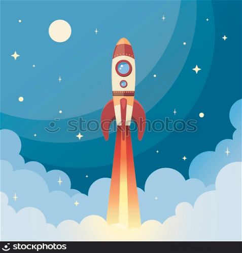 Space rocket flying in space with moon and stars on background print vector illustration